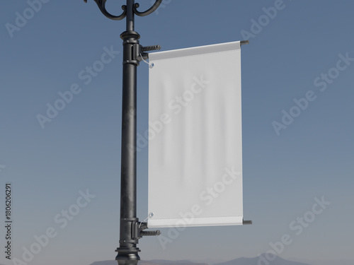 Blank Vertical Banner Mockup Hanging On A Street Lamp Post 3D Rendering On A White Background