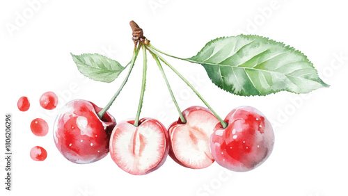 watercolor cherry berry branch with green leaves illustration hand drawn berries clip art