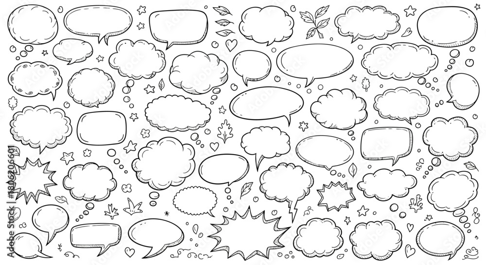 Fototapeta premium Hand drawn speech bubbles collection with stars and scribbles on white background
