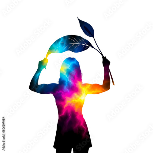 Colorful silhouette of a woman holding leaves against a artwork on transparent background