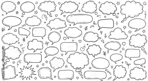 Hand drawn speech bubbles and thought bubbles in doodle style black and white