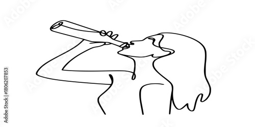 Line Drawing of Woman Drinking Alcohol or Beverage from a Glass Bottle