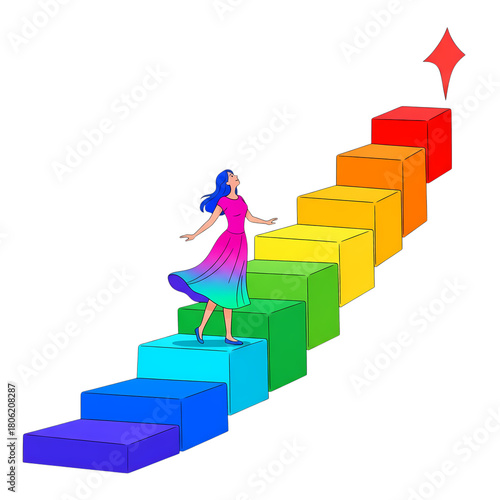 Woman climbs rainbow steps towards a red star symbolizing success and achievement on transparent background