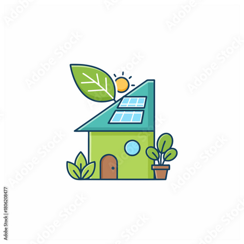 Eco-Friendly Home Concept: A charming illustration showcases an eco-friendly house powered by solar panels and surrounded by nature elements.