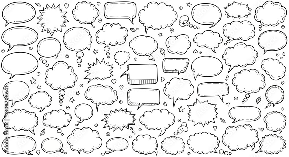 Fototapeta premium Collection of hand drawn speech bubbles and thought bubbles in various shapes and styles