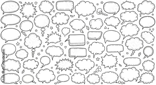 Collection of hand drawn speech bubbles and thought bubbles in various shapes and styles