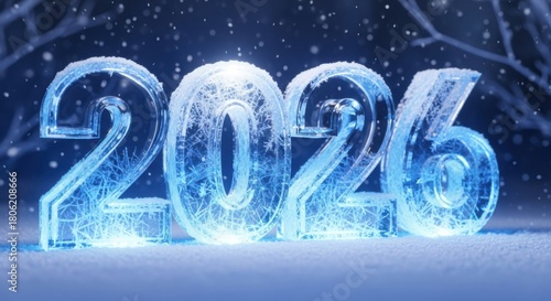 Celebrate a brilliant New Year with sparkling ice crystal 2026 numerals in the winter snow landscape, perfect for holiday greetings and seasonal cheer