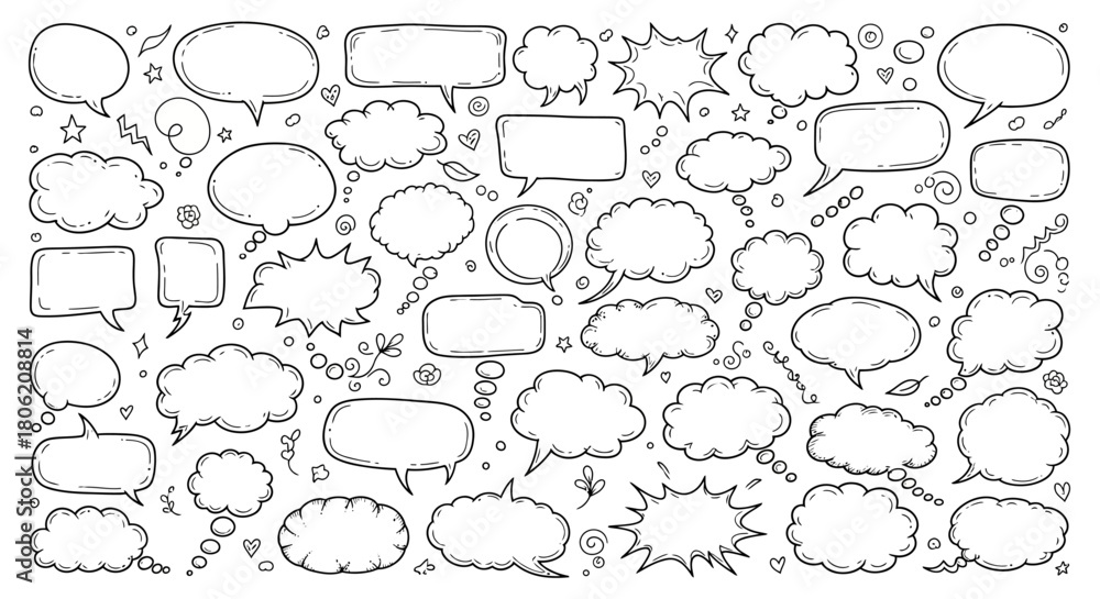 Fototapeta premium Hand drawn speech bubbles collection in black and white for creative projects