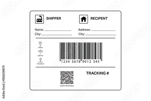 Shipping label template with barcode, QR code and care icons