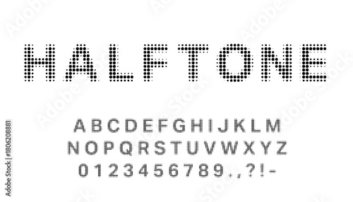 Halftone dot alphabet and number font on white background