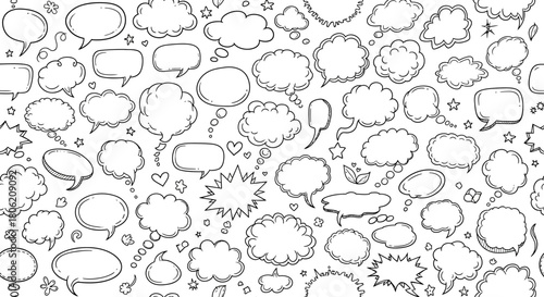 Assorted hand drawn speech bubbles and thought bubbles in black and white