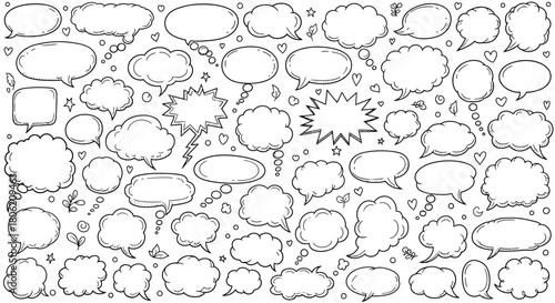 Collection of hand drawn speech bubbles and thought bubbles in black and white