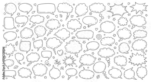 Collection of hand drawn speech bubbles and thought bubbles in black and white