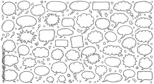 Collection of hand drawn speech bubbles and thought bubbles on white background