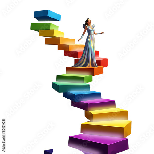 Woman in iridescent dress ascends rainbow stairs against a stark on transparent background