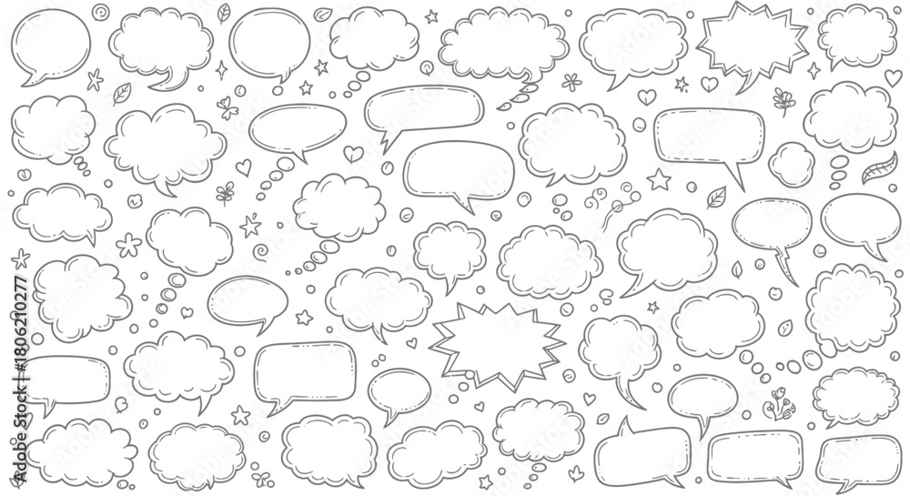 Obraz premium Hand drawn speech bubbles and thought bubbles doodles in black and white