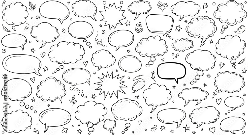 Fototapeta premium Hand drawn speech bubbles and thought bubbles in a doodle style illustration