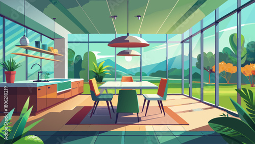 A sleek modern interior featuring minimalist furniture, natural light, and a serene green outdoor view, creating a calm and elegant dining atmosphere