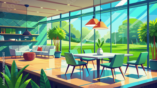 A sleek modern interior featuring minimalist furniture, natural light, and a serene green outdoor view, creating a calm and elegant dining atmosphere