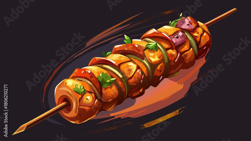 Close-up of a rich, flavorful kebab skewer with crispy edges and vibrant spices, captured in dramatic lighting on a deep black background for a premium food portrait