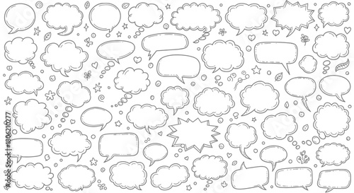 Hand drawn speech bubbles and thought bubbles doodles in black and white