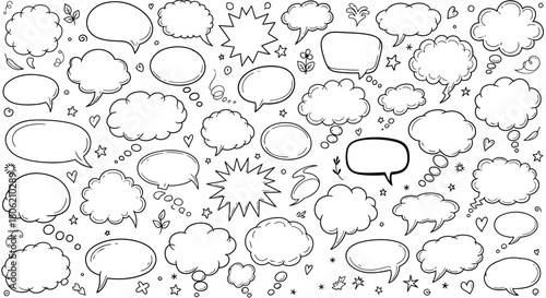 Hand drawn speech bubbles and thought bubbles in a doodle style illustration