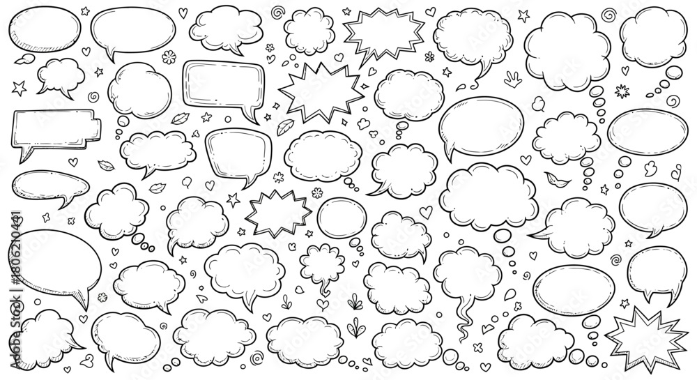 Fototapeta premium Hand drawn speech bubbles and thought bubbles in doodle style vector