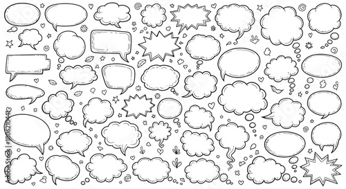 Hand drawn speech bubbles and thought bubbles in doodle style vector
