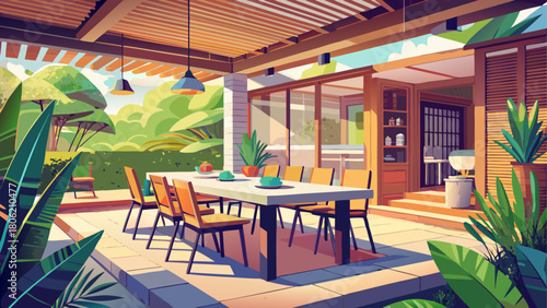 A clean and modern dining area styled with natural materials, soft lighting, and a refreshing outdoor courtyard scene