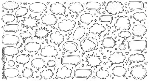 Hand drawn speech bubbles and thought balloons in a variety of shapes