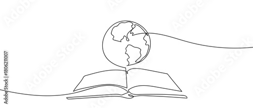 A globe floats above a book in one continuous line. one line drawing. Editable stroke.