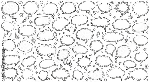 Hand drawn speech bubbles and thought bubbles in black and white illustration