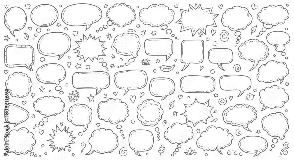 Fototapeta premium Collection of hand drawn speech bubbles and thought bubbles in black and white
