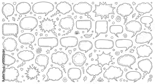 Collection of hand drawn speech bubbles and thought bubbles in black and white