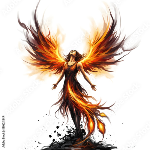 Woman with fiery wings rises from ashes in a phoenix inspired fantasy art on transparent background