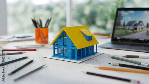 Architectural model of a blue house with a yellow roof on a desk with drafting tools