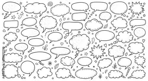 Hand drawn speech bubbles and thought clouds doodle style collection