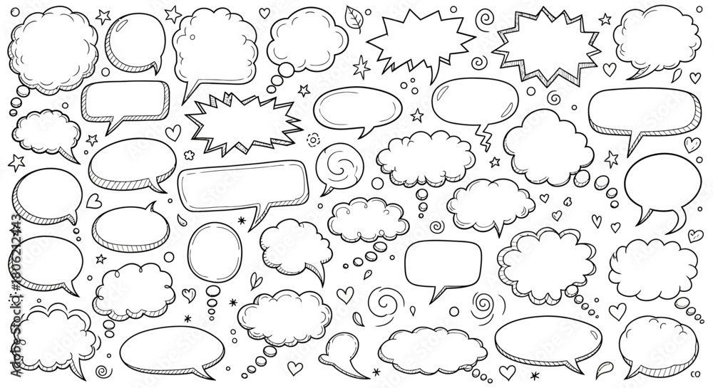 Fototapeta premium Hand drawn speech bubbles and thought clouds vector illustration for design projects