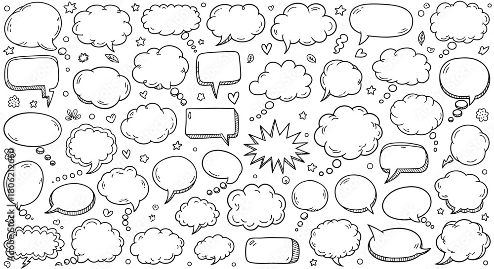 Fototapeta premium Hand drawn speech bubbles and thought bubbles doodle collection vector illustration