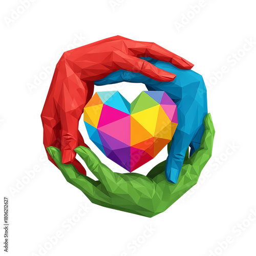 Colorful polygonal heart is cradled by three hands in a symbol of love and care on transparent background