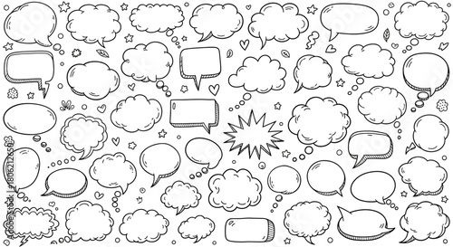Hand drawn speech bubbles and thought bubbles doodle collection vector illustration