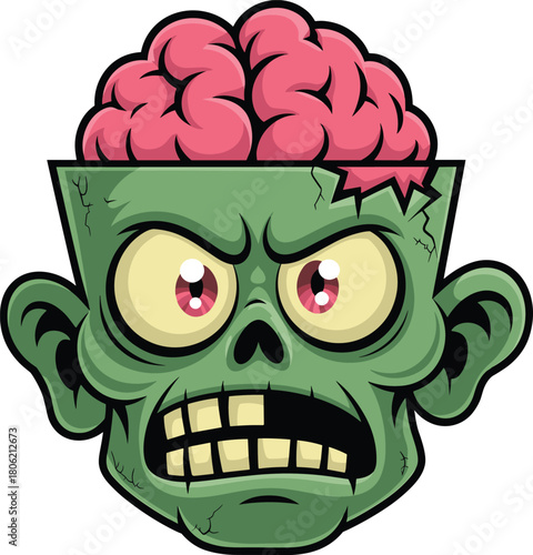 Cartoon green zombie head with exposed brain, cracked skull, creepy expression, scary undead character illustration for horror, Halloween, and mascot designs