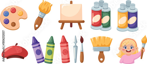 Colorful children’s art tools collection including paint palette, brushes, crayons, canvas, tubes, and cute girl artist illustration for creative design