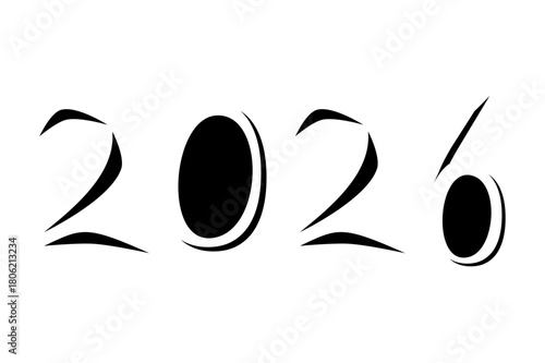 The image shows the number 2026 in bold black typography with smooth, brush-like curves. Each digit has an elegant, flowing shape that creates a modern and minimalist visual style.