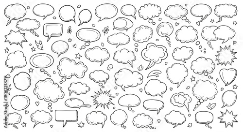 Collection of hand drawn speech bubbles and thought bubbles in various shapes