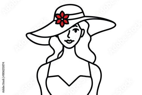 Woman in wide brim hat with flower silhouette isolated on white background