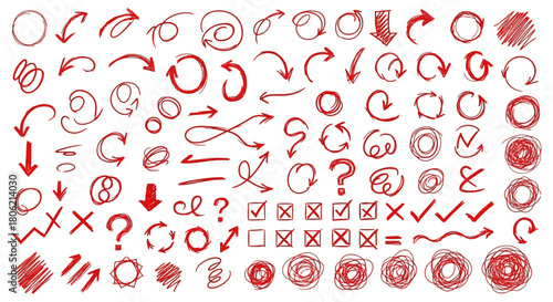 Hand drawn red arrows and symbols on white background for emphasis