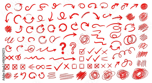 Hand drawn red arrow collection and symbols on white background illustration