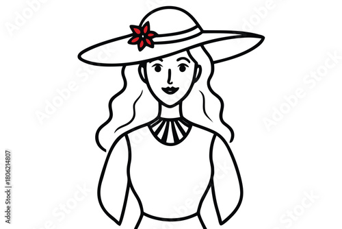 Woman wearing a wide brim hat with a flower silhouette isolated on white background