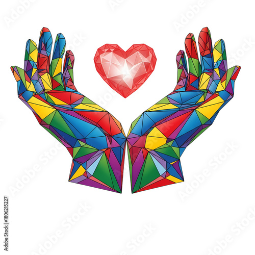 Geometric hands cradle a radiant red heart against a stark design on transparent background
